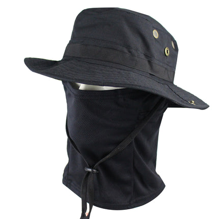 Outdoor Tactical Fisherman Hat Camo Penny Hat Summer Mountaineering Training Sunshade Round Edge Hat Mask Two-piece Set