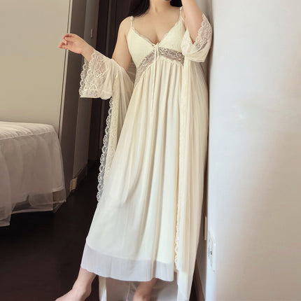 1510 Summer chubby girl plus size Pajamas Women 200 Jin Sexy Lace V-Neck Sling with Chest Pad Two-Piece Long Nightgown