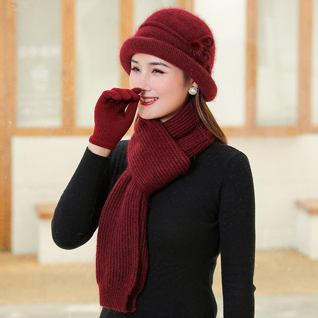 Velvet Warm Knitted Rabbit Fur Hat for Women Autumn and Winter Cold-Proof Gloves Scarf Basin Hat K-Style Trendy Middle-Aged and Elderly People