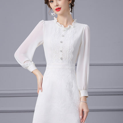 Elegant and Noble Women's Dress with Smart Collar, Pearl Decoration, Long Sleeves, Slimming Effect, New 2026 Spring Collection