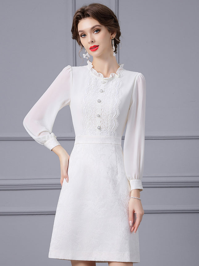 Elegant and Noble Women's Dress with Smart Collar, Pearl Decoration, Long Sleeves, Slimming Effect, New 2026 Spring Collection