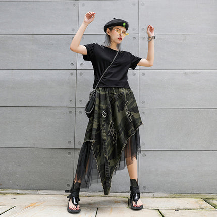 Japanese Style Spliced Mesh Denim Camouflage Skirt for Women Summer New Loose Fashion Niche Western Style A-Line Skirt