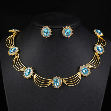 Cross-Border Gemstone Necklace, Artistic Retro Medieval Court Jewelry, Fan-Shaped Aesthetic Internet Celebrity Style Necklace and Earrings Set