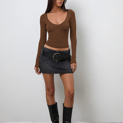 Cross-Border New Women's Y2K Hot Girl Slim Fit Personalized U-Neck Long-Sleeved T-Shirt Pure Color Bottoming Short Crop Top