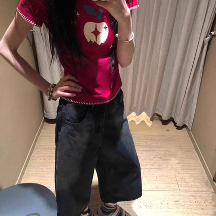 Apple Embroidered Right Shoulder Short-Sleeved Burgundy T-Shirt for Women Summer 2025 New Slim Fit Sweet Sexy Lace American Top