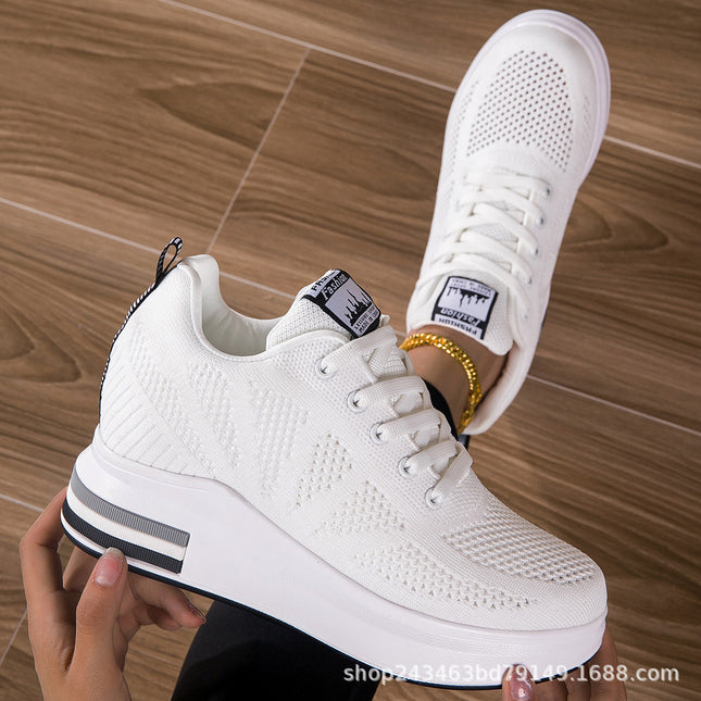 Women's Mesh Wedge Thick-soled White Shoes Summer Breathable Invisible Heightening Board Shoes Casual Student sneaker