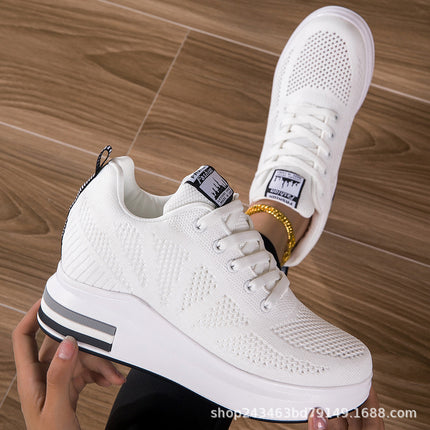 Women's Mesh Wedge Thick-soled White Shoes Summer Breathable Invisible Heightening Board Shoes Casual Student sneaker