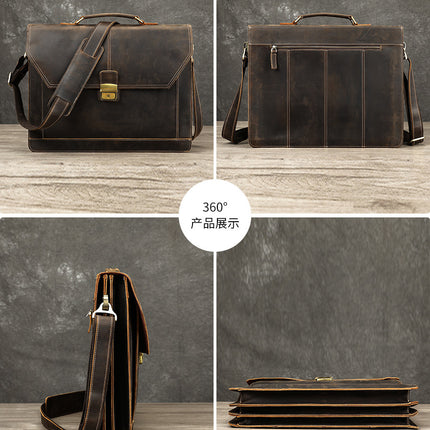 Masiwei Crazy Horse Leather 16-Inch Briefcase Business Retro Flap Laptop Bag Genuine Leather Handheld Document Bag Trendy