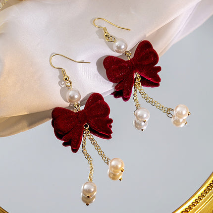 925 Silver New Wine Red Flocking Earrings Elegant Atmosphere Bow Rose New Year Spring Festival Chinese Style Earrings