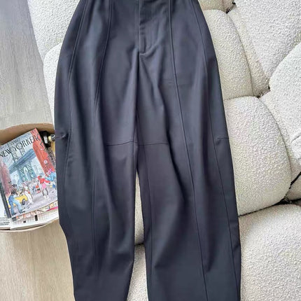 Black High-Waisted Cargo Casual Pants for Petite Figures, with Cuffs, Buttoned, Curved Knife-Cut Wide-Leg Pants, Comfortable and Leg-Lengthening, Suitable for Spring