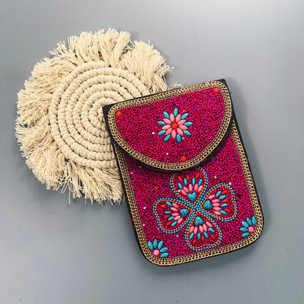 Red Lotus Women's Mobile Phone Bag Xinjiang Inner Mongolia Yunnan Travel Souvenir Retro Heavy Industry Rice Bead Shoulder Bag