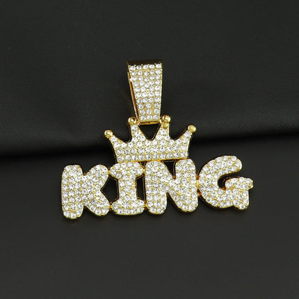 European and American INS TikTok Hip-Hop Alloy Necklace with Diamond Exaggerated Big Button Pendant Crown KING Letter Fashion Accessories