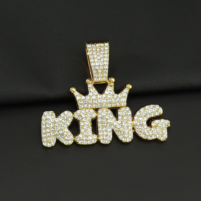 European and American INS TikTok Hip-Hop Alloy Necklace with Diamond Exaggerated Big Button Pendant Crown KING Letter Fashion Accessories