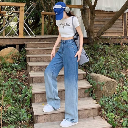 Tencel Wide Leg Jeans Women's Summer 2024 New High Waist Dape Gradient Fashion Thin Ice Silk Mop Pants