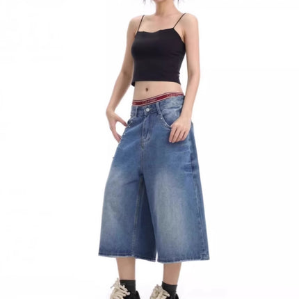 American Retro Washed Distressed Lightning Pattern Cropped Denim Shorts for Women Summer New Loose Straight Wide-Leg Mid-Pants