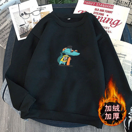 fleece-lined Men's Sweater New Autumn and Winter Hong Kong Style Loose Thin Base Shirt Couple's Coat Men's T-shirt Top Clothes