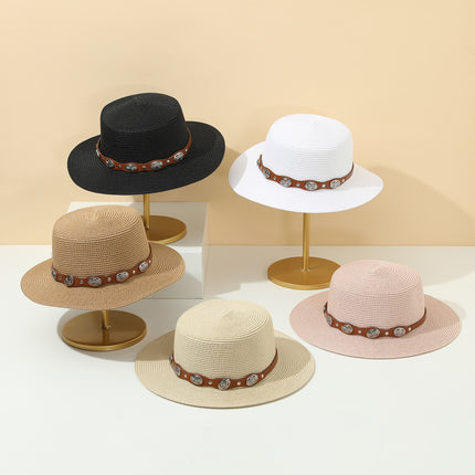 Straw Hat Bohemian Flat Brim Flat Top British Hat Women's Summer Outing Sunshade Sunscreen Hat Flat Top Straw Hat Beyond Piece