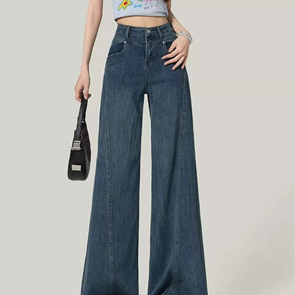 Vintage Blue Wide-Leg Jeans for Women, Autumn 2025 New Design, Slimming Straight-Leg Floor-Length Pants