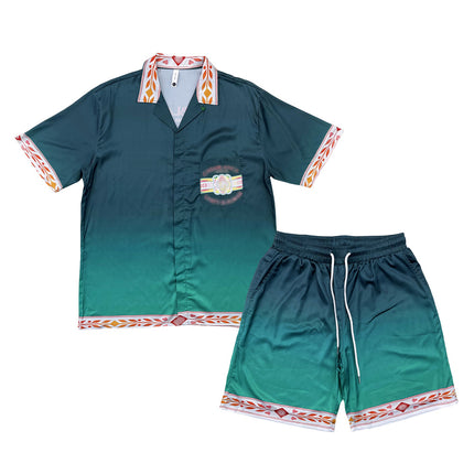 Foreign Trade Casual Hawaiian Beach Printed Short-Sleeved Shirt Cuban Collar European and American Retro Vacation Shorts Two-Piece Set