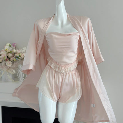 Sexy Pajamas for Women Summer 2025 New Mesh Ice Silk Pure Lust Style High-End Home Wear Three-Piece Suit High-End