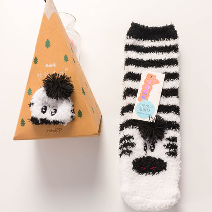 Coral Fleece Japanese-Style Christmas Socks with Embroidered 3D Cartoon Design, Boxed Floor Socks, Half Fleece Socks for Women