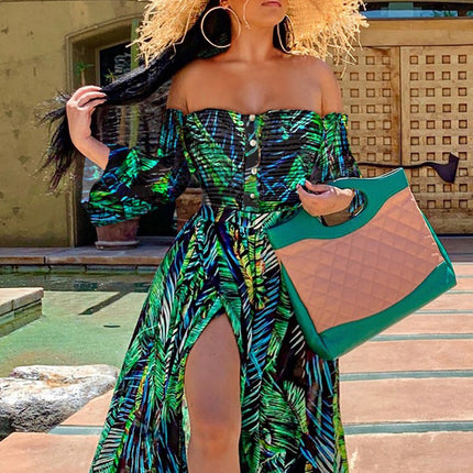 2025 Export Women's Summer New Dress Beach Sexy Slit Printed Floor-Length One-Shoulder Long Skirt