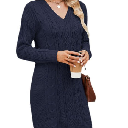 Cross-border European and American women's V-neck sweater dress 2023 autumn and winter twisted knitted dress elegant long sweater dress for women