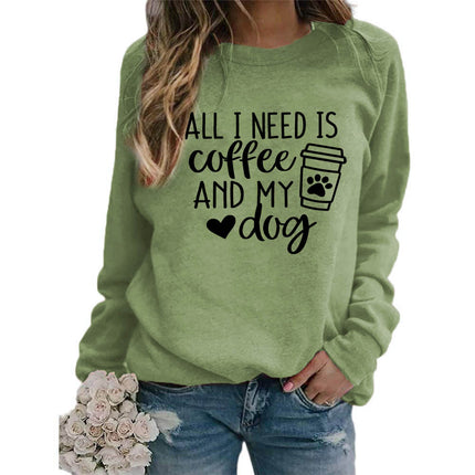 Foreign trade supply all I need is coffee printed crew neck top sweater European size ladies coat long sleeve