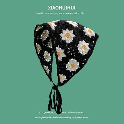 Hot Girl Internet Celebrant Photo Flower French Style Triangle Scarf Headscarf Women's Cute Knitted Hair Band Silk Scarf High-grade Headwear Summer