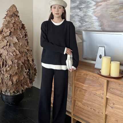 2025 New Autumn and Winter Sweater Women's Suit Pure Color Round Neck Knitted Fake Two-Piece Set Lazy Sweater Set