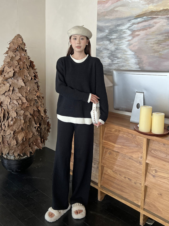 2025 New Autumn and Winter Sweater Women's Suit Pure Color Round Neck Knitted Fake Two-Piece Set Lazy Sweater Set