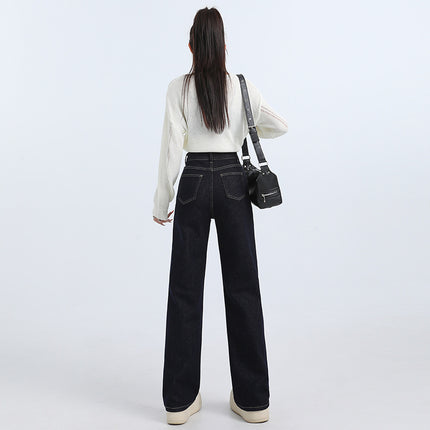 Korean-style Casual Tannin Blue High-waist Straight Pants 2025 Spring New All-match Stretch Slim-fit Jeans for Women