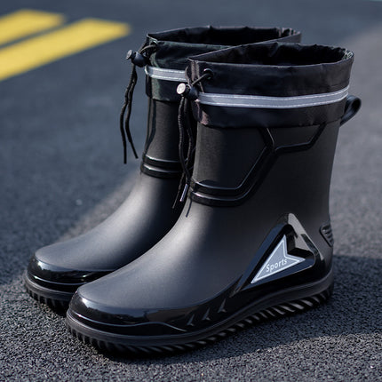 Medium and short tube men's fashion rain boots night with reflective strip rubber shoes waterproof shoes elastic band waterproof mouth gray water shoes