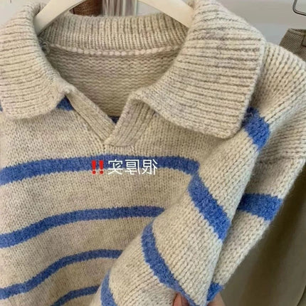 European Niche Blue Stripesd Polo Lapel Long-Sleeved Soft Waxy Knitwear Women's Autumn and Winter Lazy Pullover Top