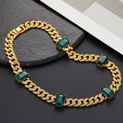 Emerald New Hip-Hop Necklace, Fashionable and High-End Alloy Rhinestone Cuban Chain Pinduoduo Drop Shipping