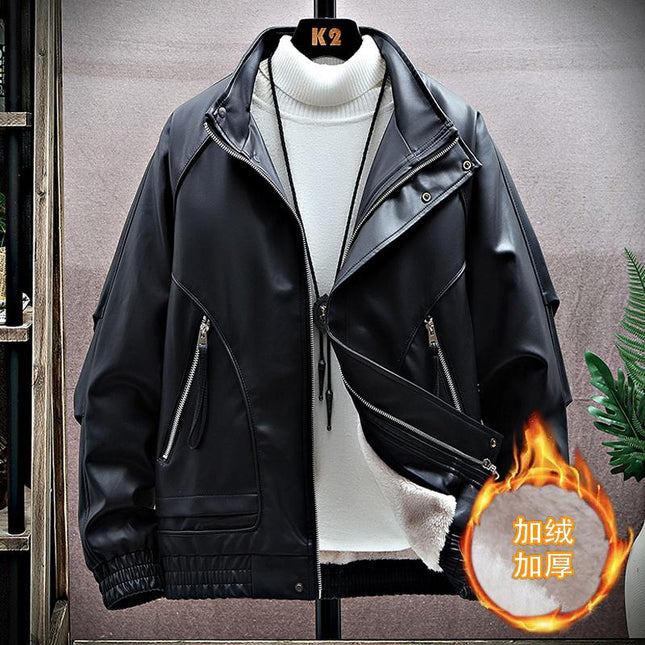 Vertical Collar Leather Jacket Men's Winter fleece-lined Thickened Biker Leather Jacket High-end Fashionable Trendy Ripper Handsome Casual Top