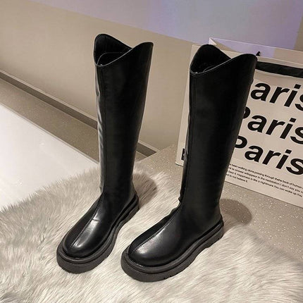 New Autumn and Winter Platform Thick-Soled High Boots for Women, Fleece-Lined, Height-Increasing, Slimming Knight Boots, Large-Toe Zipper Boots