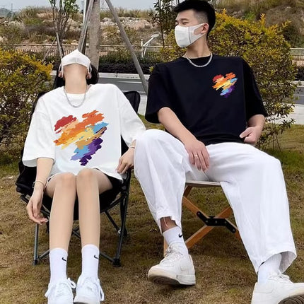 Couple Clothing Summer Short-sleeved T-shirt Men's and Women's 2023 Summer Half-sleeved Top Round Neck Printed Half-sleeved Student Class Clothes