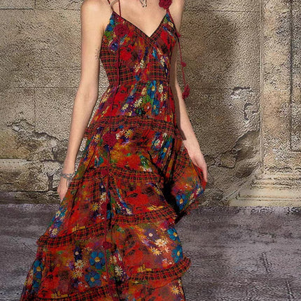 TheNeverMo Fireworks Burning Spring French Retro V-neck Strap Floral Long Dress for Holiday dress Summer