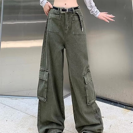 Extra Large Size Army Green 2026 New High-Waisted Slimming Casual Cargo Pants Loose Hip-Covering Straight-Leg Jeans