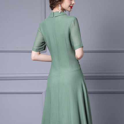 Elegant Green Light Green Dress with a Flared Skirt, Summer Waist-Cinching Slimming Effect, Turn-Down Collar, Rayon Dress, 2026 New Model