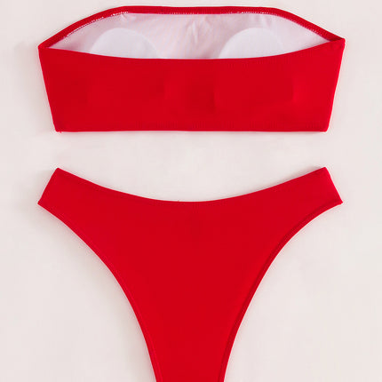 2024 New Swimsuit Women's Two-Piece Split Tube Top Smocked Pure Color Sexy Swimsuit Cross-Border Amazon Bikini