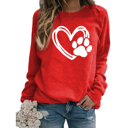 Cross-border Foreign Trade Supply Dog Feet Love Printed Round Neck Jacket Women's Long Sleeve European Size plus size Loose