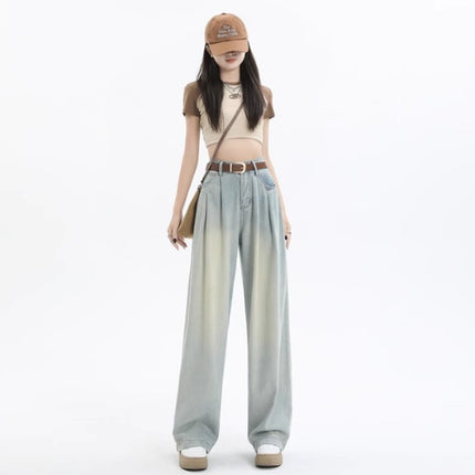 Brown Wide Leg Jeans Women's Trendy All-match New Maillard High Waist Loose Slimming Straight Long Pants