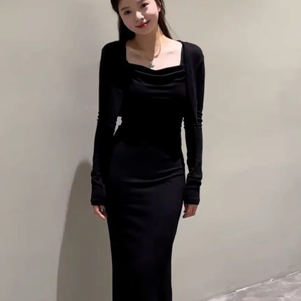 Autumn New Pure Desire Lazy Style Sling Collar Sling dress Fashionable Elegant Slimming Long Sleeve Cardigan Two-piece Set