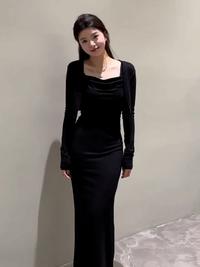 Autumn New Pure Desire Lazy Style Sling Collar Sling dress Fashionable Elegant Slimming Long Sleeve Cardigan Two-piece Set