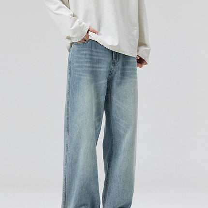LKTM Men's# Spring and Summer light blue Washed Cat Whiskers Jeans Men's and Women's Trendy All-match Loose Straight Pants