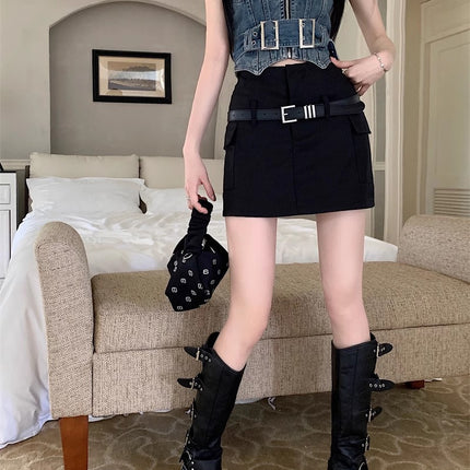 European and American Spice Girl High Waist Short Skirt Hip Skirt Belt Decorative Pocket Workwear Anti-Drain Safety Pants Small Skirt