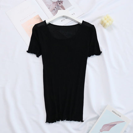 Tangge Silk T-Shirt Women's Short-Sleeved Bottoming Shirt Summer Versatile Slim Mulberry Silk Garden Collar Threaded Tight Top Thin