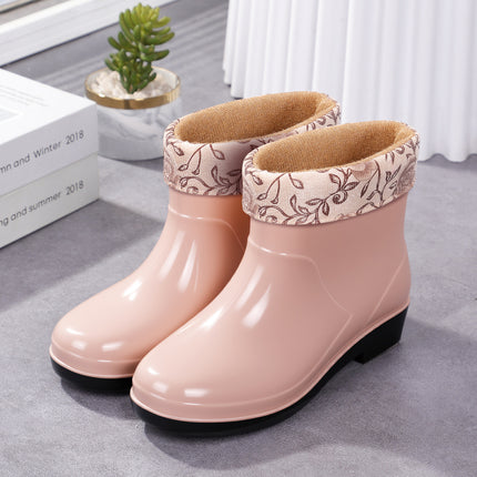 Fashionable Outdoor Water Shoes for Women, Waterproof and Non-Slip, Winter Fleece-Lined Rain Boots for Women, Warm Kitchen Work Short Rain Boots